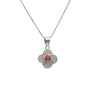 conjunto plata  flor piedra roja
