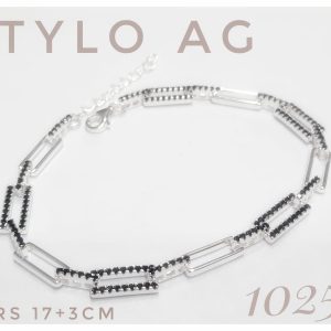 Pulsera plata con cubic negro eslabon rectangular 5x11mm. Largo17+ 3cm