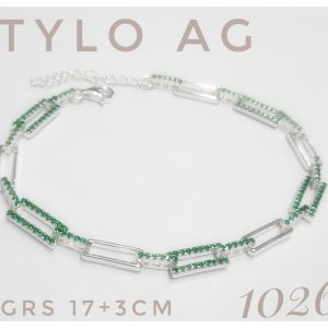 Pulsera plata con cubic verde eslabon rectangular 5x11mm.Largo 17+3cm
