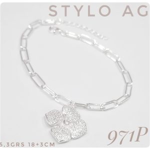 Pulsera plata forcet alargada con dije flor engarzada