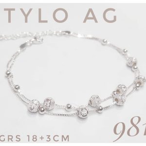 Pulsera plata veneziana dos hilos con bolas diamantadas
