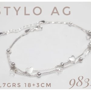 Pulsera plata veneziana dos hilos con dijes pasantes bolitas , estrellas y corazones